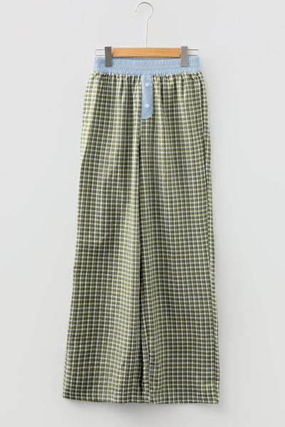 Women's Brown Gingham High-Waist Boxer Pants with Blue Contrast