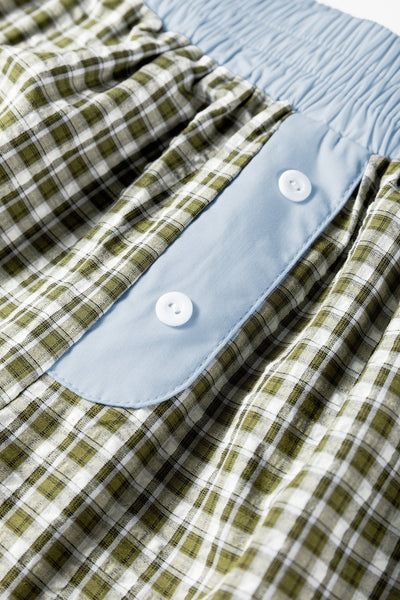Women's Brown Gingham High-Waist Boxer Pants with Blue Contrast