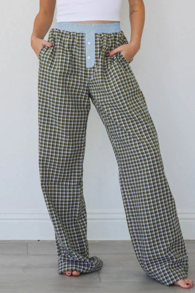 Women's Brown Gingham High-Waist Boxer Pants with Blue Contrast
