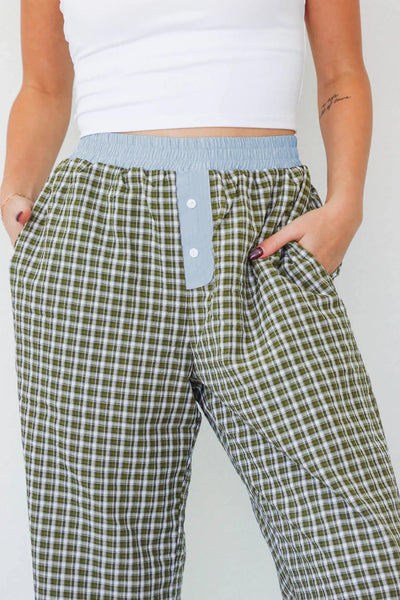 Women's Brown Gingham High-Waist Boxer Pants with Blue Contrast