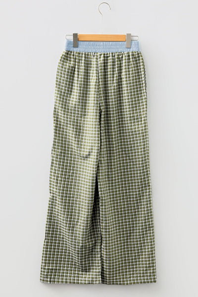 Women's Brown Gingham High-Waist Boxer Pants with Blue Contrast
