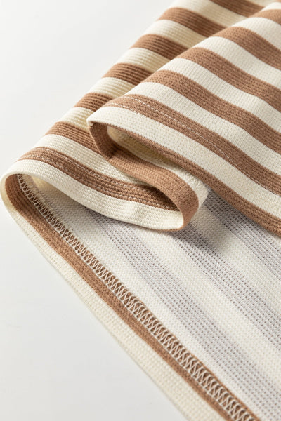 Women's Brown Striped Puff Sleeve Knit Top with Contrast Trim