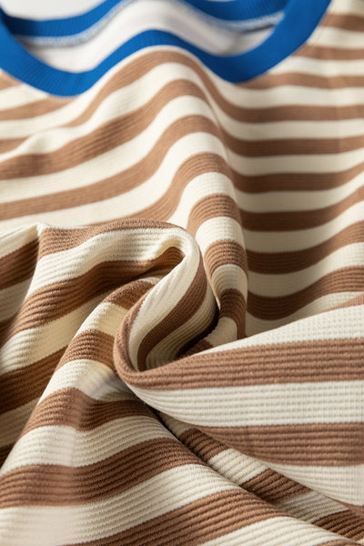 Women's Brown Striped Puff Sleeve Knit Top with Contrast Trim