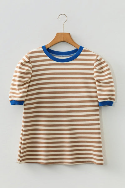 Women's Brown Striped Puff Sleeve Knit Top with Contrast Trim