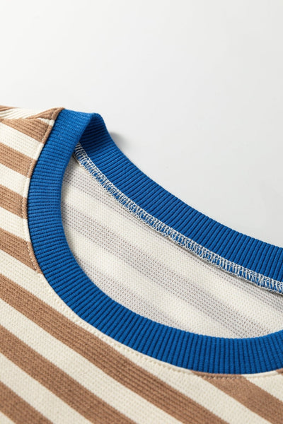 Women's Brown Striped Puff Sleeve Knit Top with Contrast Trim