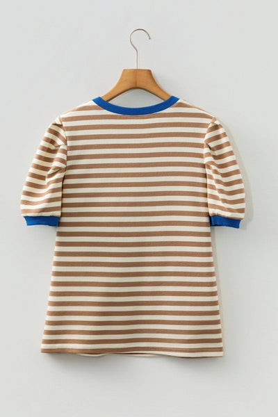 Women's Brown Striped Puff Sleeve Knit Top with Contrast Trim