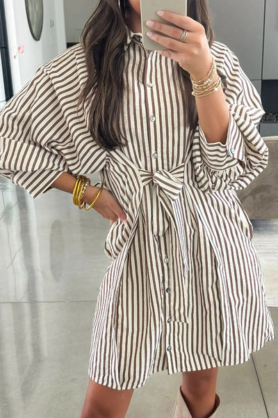 Women's Brown Striped Puff Sleeve Mini Shirt Dress with Knot Waist