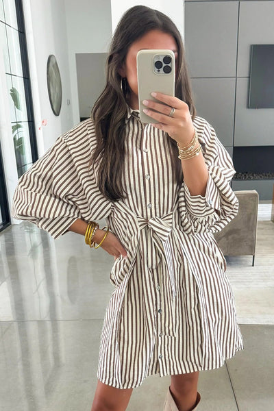 Women's Brown Striped Puff Sleeve Mini Shirt Dress with Knot Waist