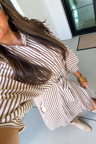 Women's Brown Striped Puff Sleeve Mini Shirt Dress with Knot Waist