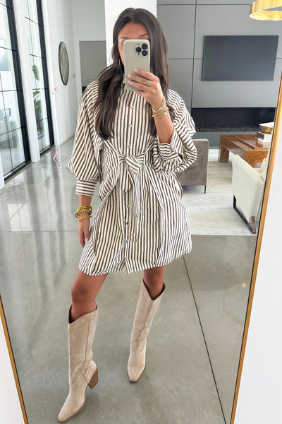 Women's Brown Striped Puff Sleeve Mini Shirt Dress with Knot Waist