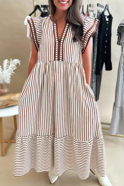 Women's Brown Striped V-Neck Midi Dress with Ruffled Flutter Sleeves