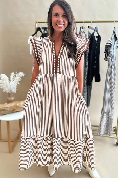 Women's Brown Striped V-Neck Midi Dress with Ruffled Flutter Sleeves