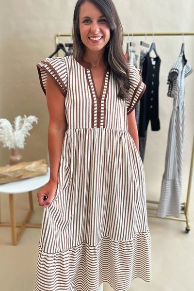 Women's Brown Striped V-Neck Midi Dress with Ruffled Flutter Sleeves
