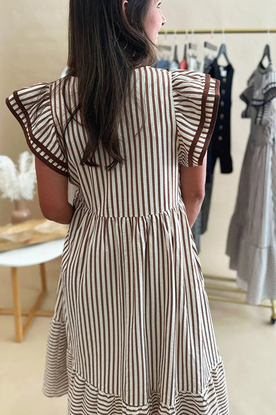 Women's Brown Striped V-Neck Midi Dress with Ruffled Flutter Sleeves