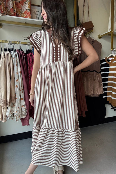 Women's Brown Striped V-Neck Midi Dress with Ruffled Flutter Sleeves