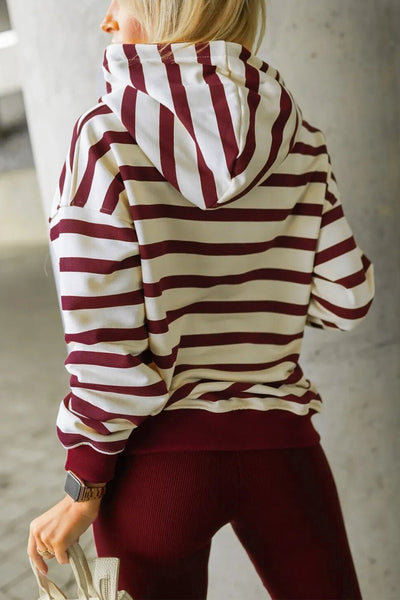 Women's Burgundy Striped Hoodie and Ribbed Legging Two-Piece Set
