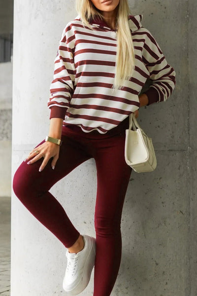 Women's Burgundy Striped Hoodie and Ribbed Legging Two-Piece Set