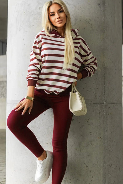 Women's Burgundy Striped Hoodie and Ribbed Legging Two-Piece Set