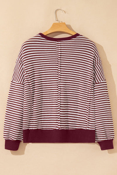 Women's Burgundy Striped Knit Long Sleeve Pullover