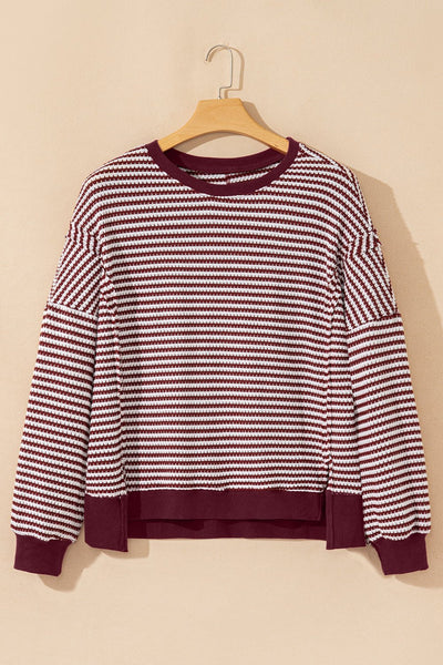 Women's Burgundy Striped Knit Long Sleeve Pullover