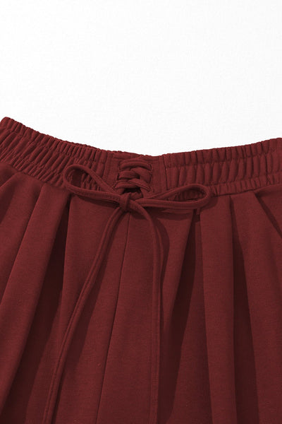 Women's Burgundy Wide-Leg Pleated Sweatpants with Corset Waist