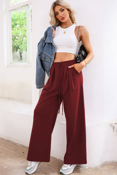 Women's Burgundy Wide-Leg Pleated Sweatpants with Corset Waist