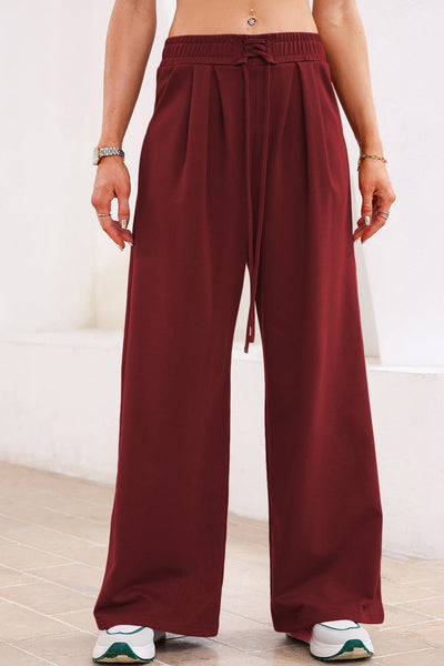Women's Burgundy Wide-Leg Pleated Sweatpants with Corset Waist