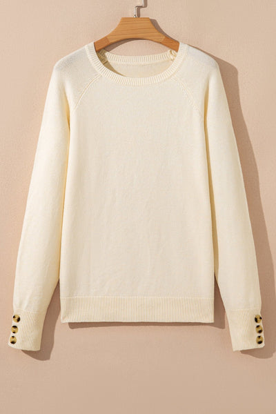 Women's Button-Cuff Raglan Bishop Sleeve Sweater in Cream