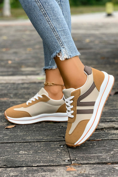 Women's Camel and Coffee Color Block Lace-Up Sneakers