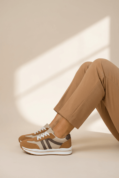 Women's Camel and Coffee Color Block Lace-Up Sneakers