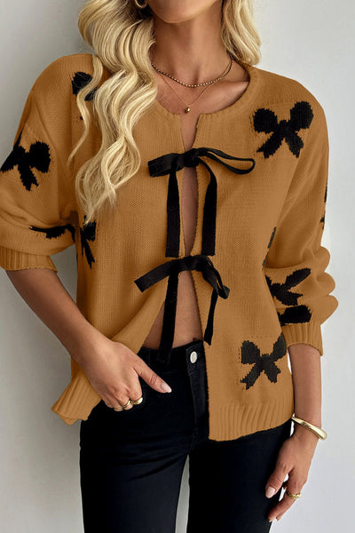 Women's Camel Intarsia Bow Tie-Front Viscose Cardigan