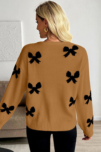 Women's Camel Intarsia Bow Tie-Front Viscose Cardigan
