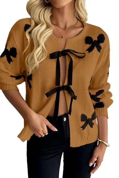 Women's Camel Intarsia Bow Tie-Front Viscose Cardigan