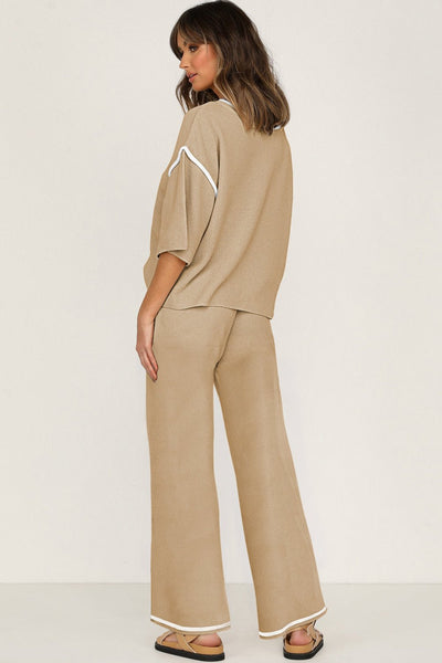 Women's Camel Knit Half-Sleeve Top and Wide-Leg Drawstring Pant Set