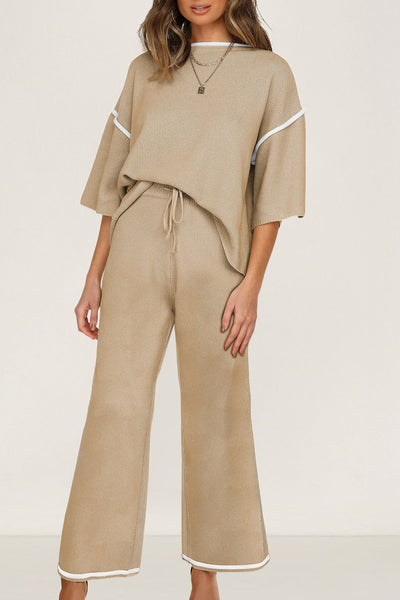 Women's Camel Knit Half-Sleeve Top and Wide-Leg Drawstring Pant Set