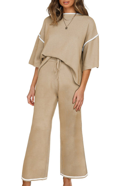 Women's Camel Knit Half-Sleeve Top and Wide-Leg Drawstring Pant Set