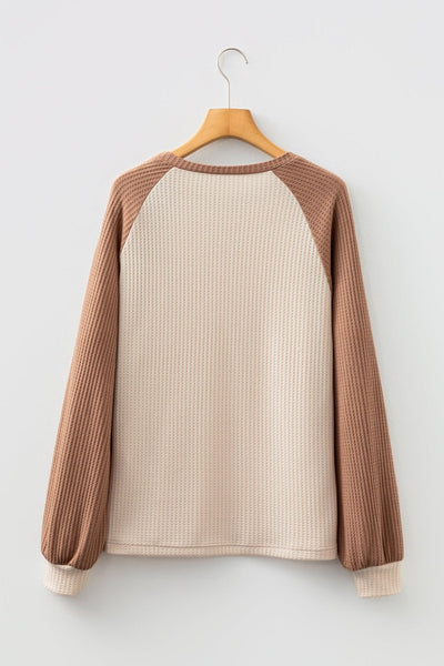 Women's Camel Waffle Knit Raglan Top with Color Block Sleeves