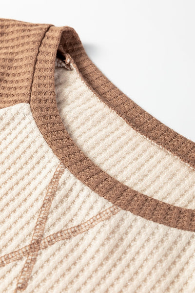 Women's Camel Waffle Knit Raglan Top with Color Block Sleeves