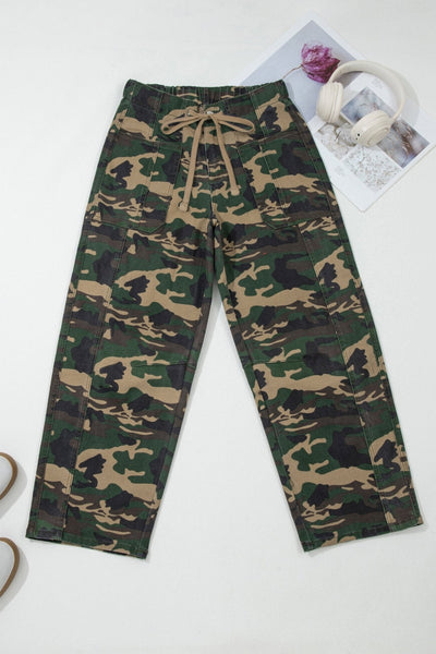 Women's Camouflage Barrel Jeans with Drawstring Waist