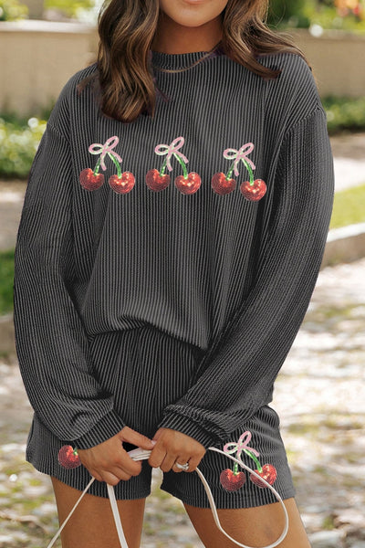 Women's Carbon Grey Ribbed Sequin Cherry Pullover and Shorts Set with practical styling and dependable silhouette control.