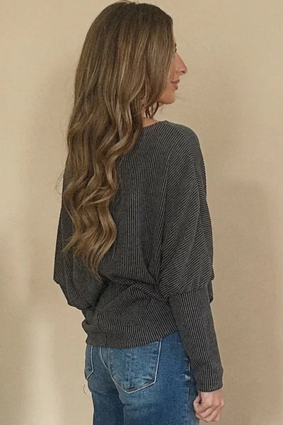 Women's Carbon Grey Twisted Ribbed Dolman Top with Cuffed Sleeves