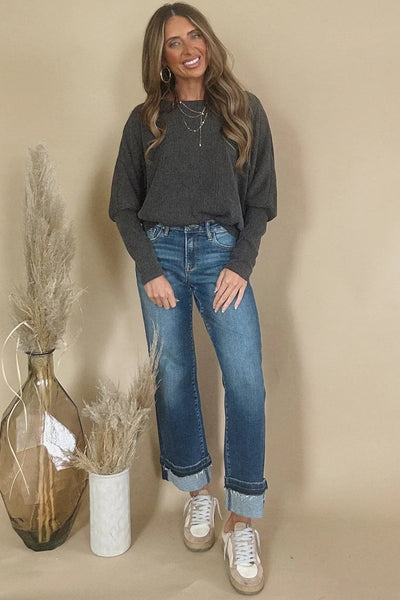 Women's Carbon Grey Twisted Ribbed Dolman Top with Cuffed Sleeves