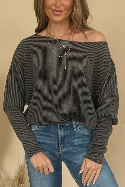 Women's Carbon Grey Twisted Ribbed Dolman Top with Cuffed Sleeves