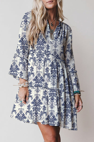 Women's Cerulean Damask Boho Mini Dress with Ruffled Tiers