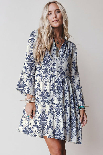 Women's Cerulean Damask Boho Mini Dress with Ruffled Tiers