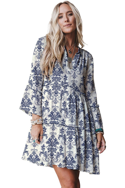 Women's Cerulean Damask Boho Mini Dress with Ruffled Tiers