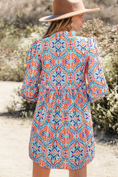 Women's Cerulean Medallion Print Ruffle Neck A-Line Dress