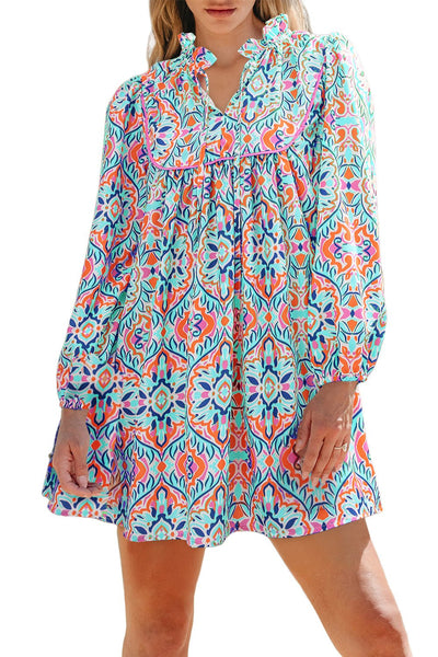 Women's Cerulean Medallion Print Ruffle Neck A-Line Dress