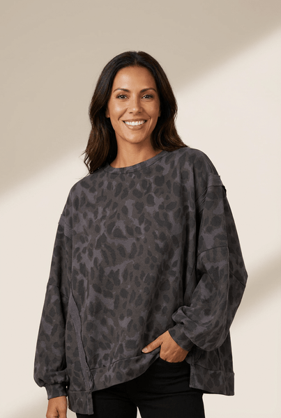 Women's Charcoal Leopard Print Washed Pullover with Balloon Sleeves