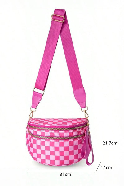 Women's Checkered Pink Crescent Crossbody Bag with Wide Adjustable Strap